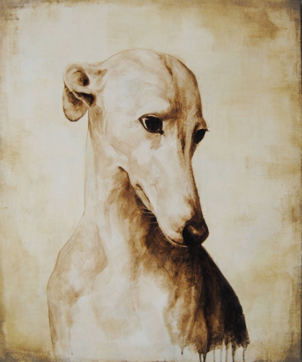Un elegantissimo cane in bitume su tela di Davide Robert Ross, uno splendido levriero