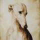 Un elegantissimo cane in bitume su tela di Davide Robert Ross, uno splendido levriero