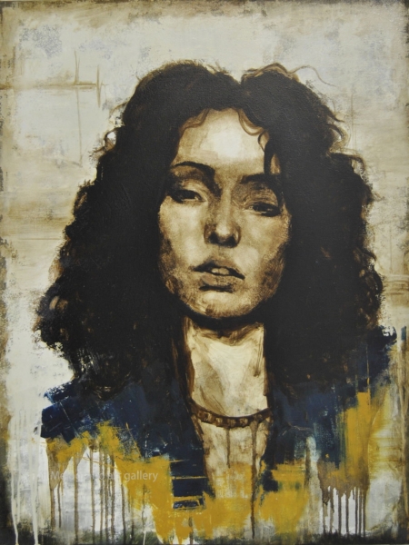 Quadro di Davide Robert Ross, opera a bitume su tela con figura femminile contemporanea