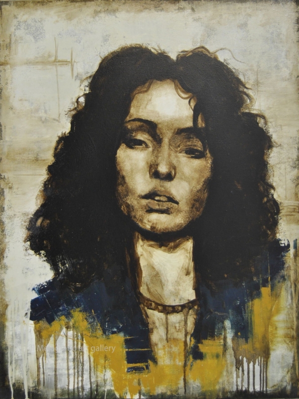 Quadro di Davide Robert Ross, opera a bitume su tela con figura femminile contemporanea