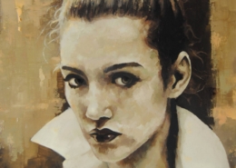 Quadro di Davide Robert Ross, opera a bitume su tela con figura femminile contemporanea