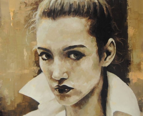 Quadro di Davide Robert Ross, opera a bitume su tela con figura femminile contemporanea