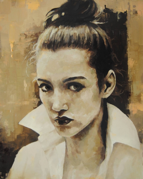 Quadro di Davide Robert Ross, opera a bitume su tela con figura femminile contemporanea