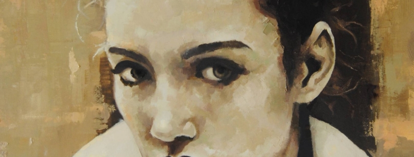 Quadro di Davide Robert Ross, opera a bitume su tela con figura femminile contemporanea