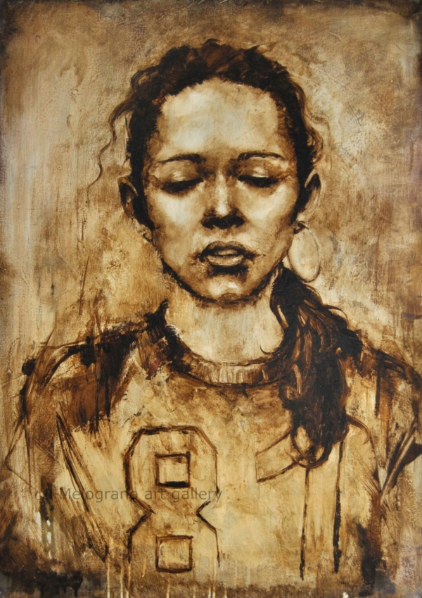 Quadro di Davide Robert Ross, opera a bitume su tela con figura femminile contemporanea