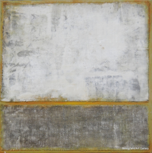 Paesaggio astratto di Davide Robert Ross con linea di orizzonte e zone di colore sovrapposti, in tonalità grigiastre