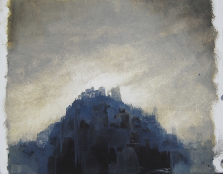 Paesaggio fantastico di Davide Robert Ross, olio su lastra tipografica con collina, castello e cielo sfumato verde-nero