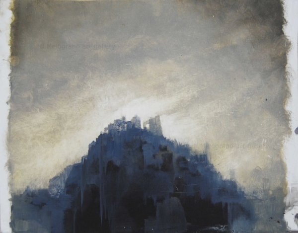 Paesaggio fantastico di Davide Robert Ross, olio su lastra tipografica con collina, castello e cielo sfumato verde-nero