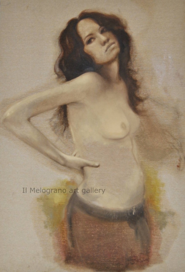 Quadro di Davide Robert Ross, opera a bitume su tela con figura femminile contemporanea