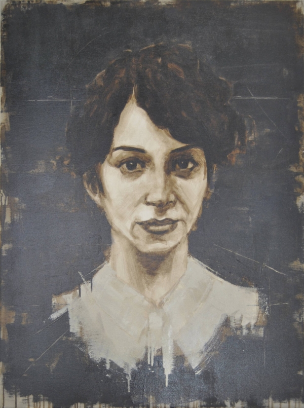 Quadro di Davide Robert Ross, opera a bitume su tela con figura femminile contemporanea