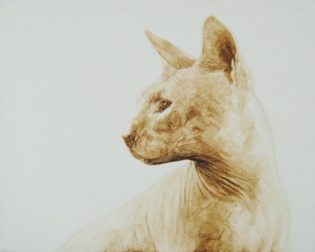 Un elegantissimo gatto in bitume su tela di Davide Robert Ross, uno splendido gagtto nudo sphinx
