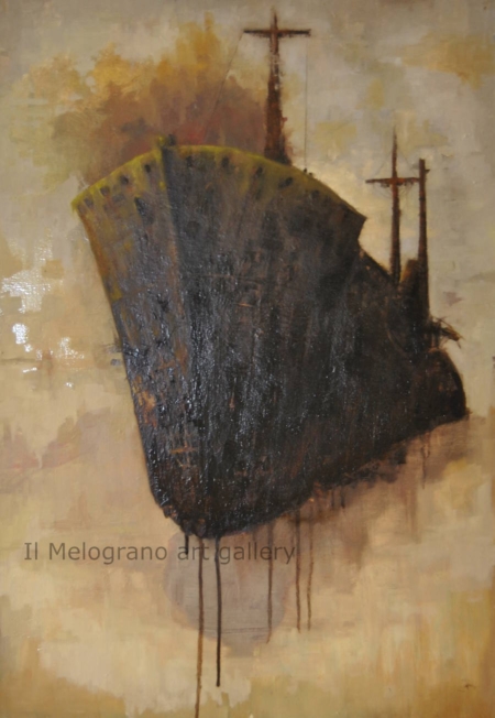 Quadro in bitume su tela di Davide Robert Ross. Grande scafo rugginoso come un relitto sul mare