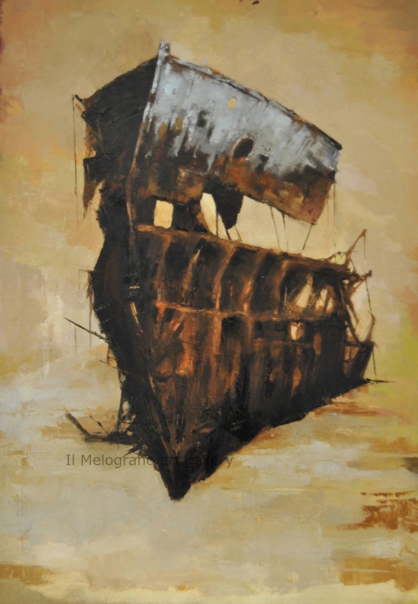 Quadro in bitume su tela di Davide Robert Ross. Grande scafo rugginoso come un relitto sul mare