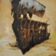 Quadro in bitume su tela di Davide Robert Ross. Grande scafo rugginoso come un relitto sul mare