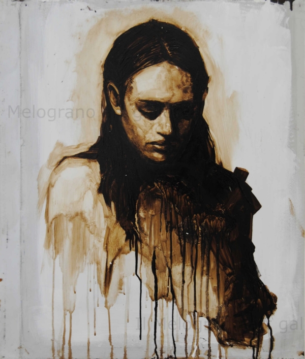 Quadro di Davide Robert Ross, opera a bitume su lastra metallica con figura femminile contemporanea