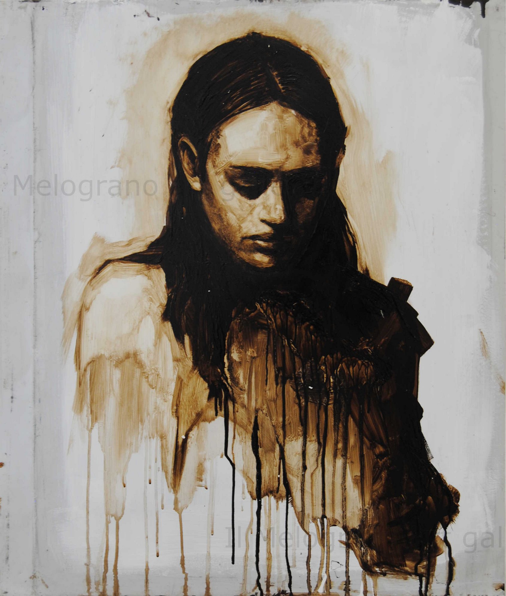 Quadro di Davide Robert Ross, opera a bitume su lastra metallica con figura femminile contemporanea