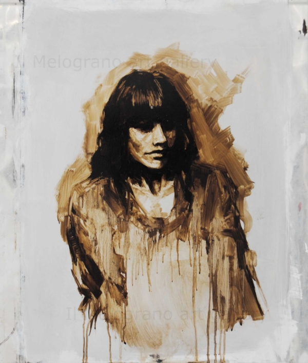 Quadro di Davide Robert Ross, opera a bitume su lastra metallica con figura femminile contemporanea