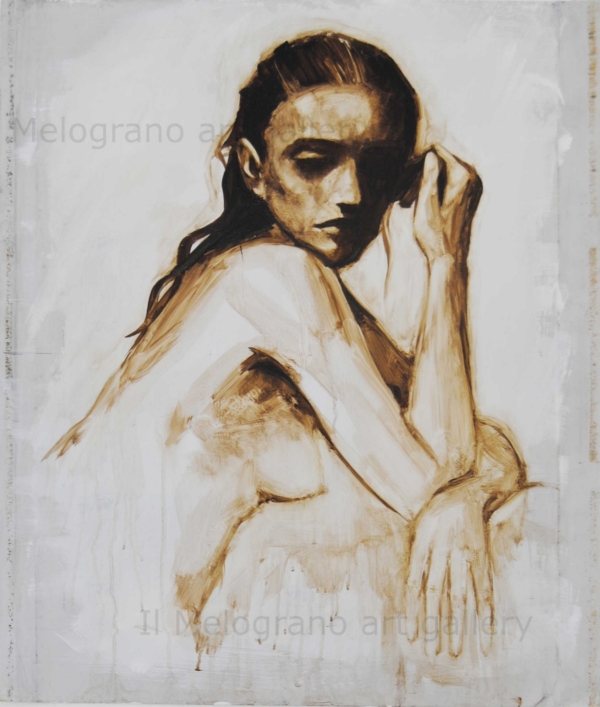 Quadro di Davide Robert Ross, opera a bitume su lastra metallica con figura femminile contemporanea