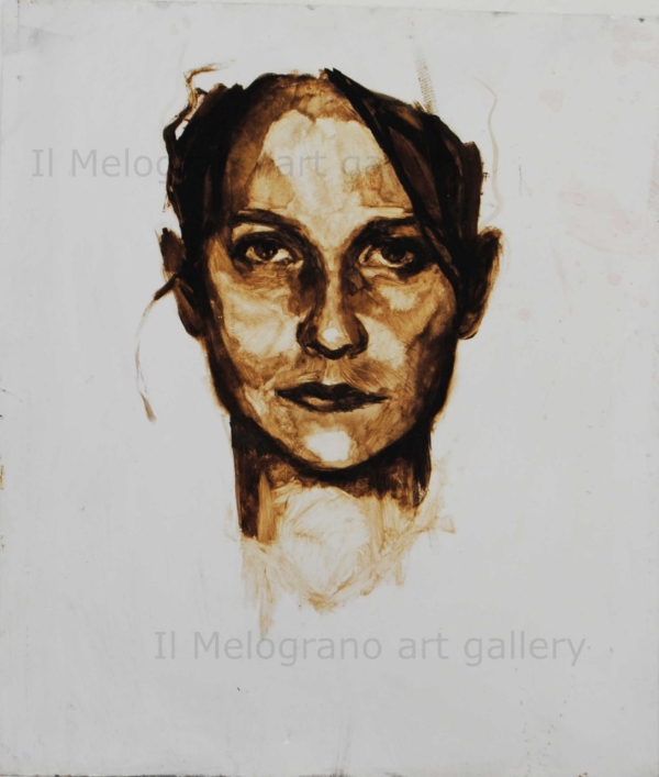 Quadro di Davide Robert Ross, opera a bitume su lastra metallica con figura femminile contemporanea