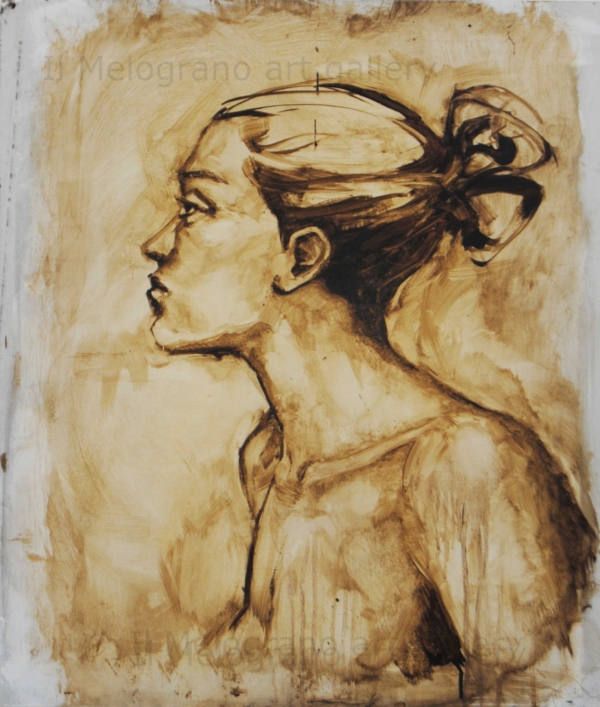 Quadro di Davide Robert Ross, opera a bitume su lastra metallica con figura femminile contemporanea