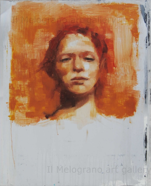 Quadro di Davide Robert Ross, dipinto a olio e tecnica mista su lastra metallica con figura femminile contemporanea