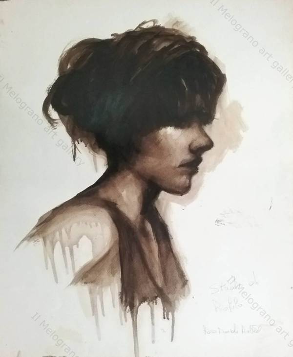 Quadro di Davide Robert Ross, opera a bitume su carta con figura femminile contemporanea