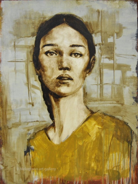 Quadro di Davide Robert Ross, opera a bitume su tela con figura femminile contemporanea