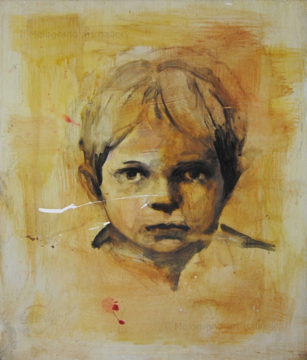 Ritratto di bambino di Davide Robert Ross, realizzato a bitume su lastra metallica, immagine delicata e intensa