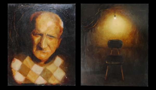 Dittico Il colpevole. Quadro di Davide Robert Ross nei caldi toni del bitume