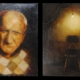 Dittico Il colpevole. Quadro di Davide Robert Ross nei caldi toni del bitume