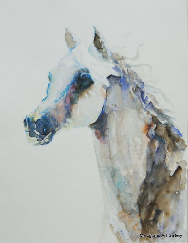 Acquarello di Donatella Lami che ritrae un cavallo con colori surreali e una grazia straordinaria.
