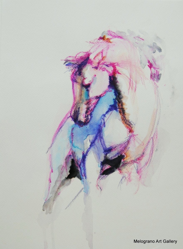 Acquarello di Donatella Lami che ritrae un cavallo con colori surreali e una grazia straordinaria.