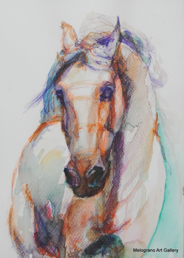 Acquarello di Donatella Lami che ritrae un cavallo con colori surreali e una grazia straordinaria.