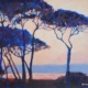 Pini in controluce con tronchi obelischi e tramonto rosato, acrilico su tavola, opera di Donatella Lami.