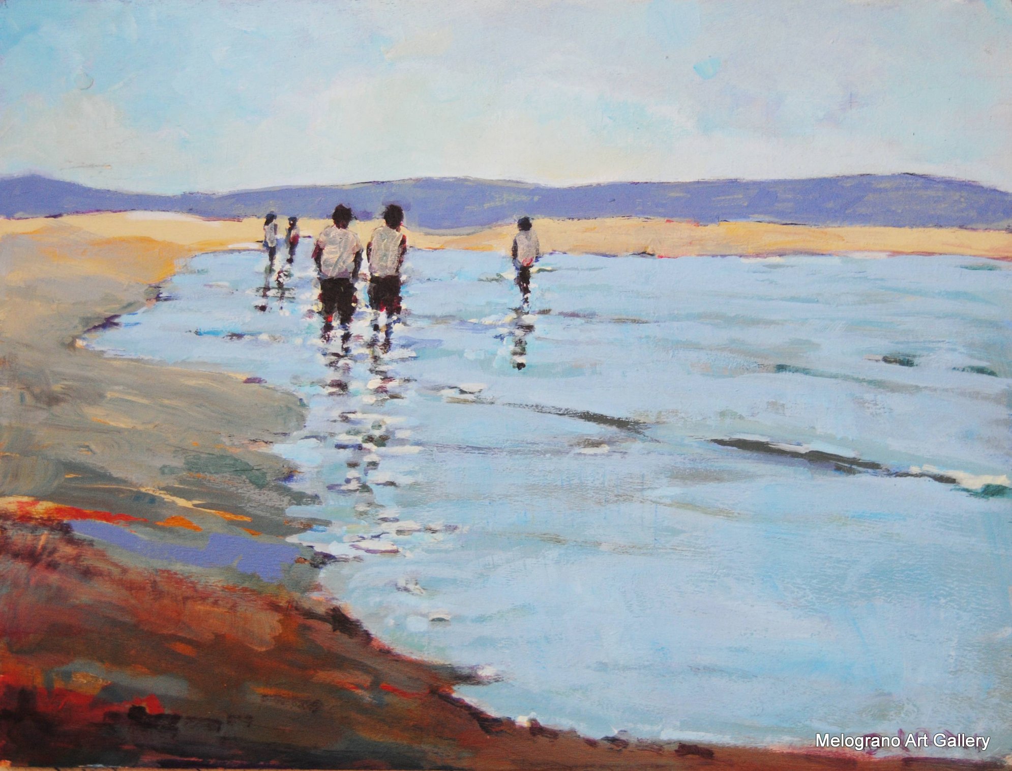 Spiaggia con bagnanti ad acrilico su tavoletta, paesaggio marino poetico e luminoso, opera di Donatella Lami.