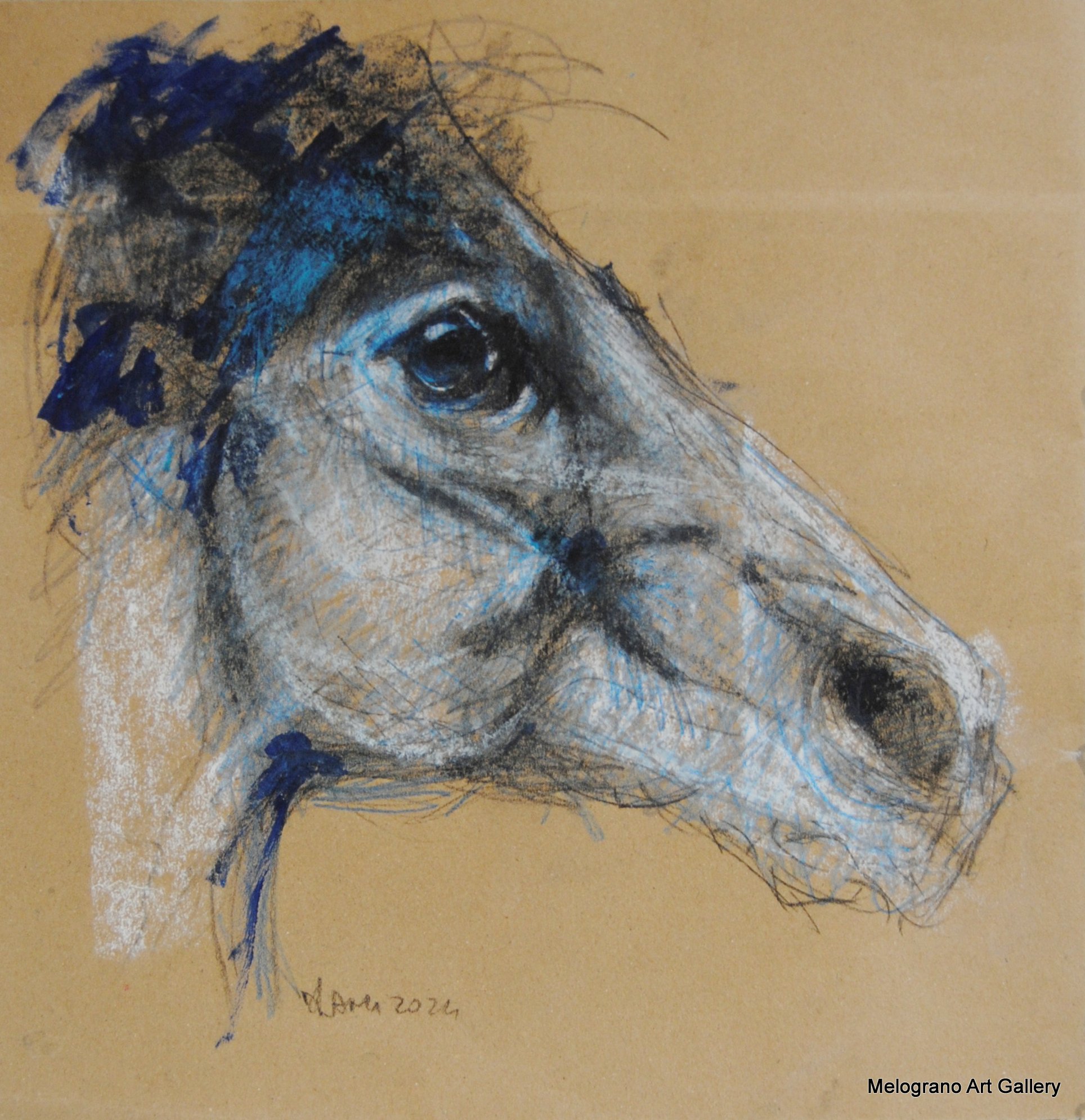 Acquarello di Donatella Lami che ritrae un cavallo con colori surreali e una grazia straordinaria.