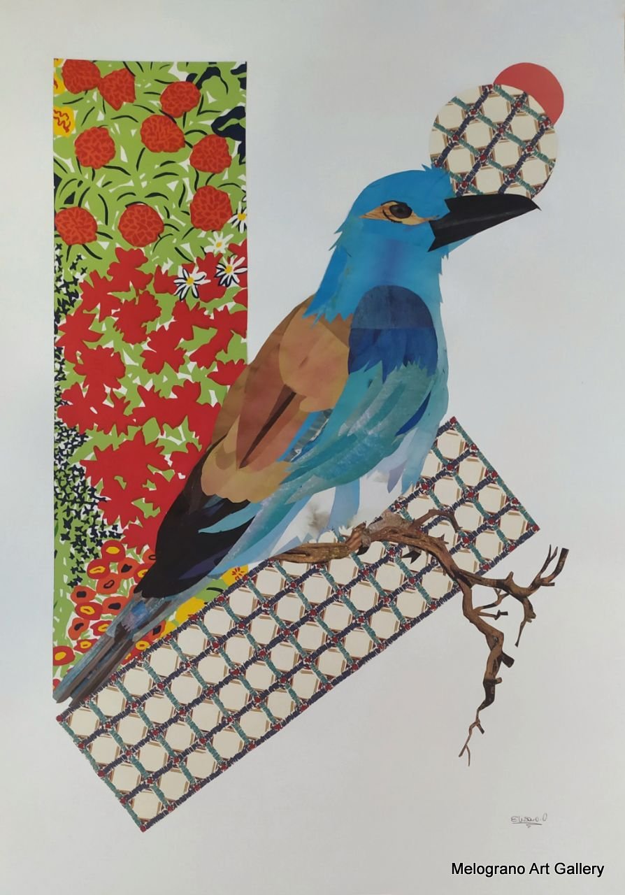 Collage “Ghiandaia Marina” di Elisa Biagiotti, uccello su ramo, collage analogico, riviste vintage, arte concettuale 2025