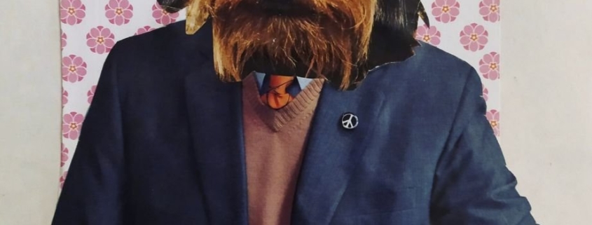 Elisa Biagiotti Cappuccino Collage “Cappuccino” di Elisa Biagiotti, testa di cane su corpo umano, collage analogico, riviste vintage, arte concettuale 2025