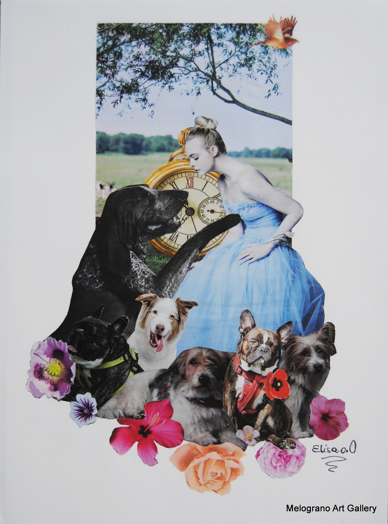 Collage “Cinderella Dog Lover” di Elisa Biagiotti, donna elegante con cane, collage analogico su riviste vintage, arte concettuale 2025