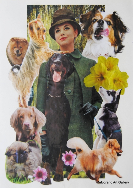 Collage “Dog Sitter” di Elisa Biagiotti, donna elegante con cane, collage su riviste vintage, arte concettuale e surreale 2025