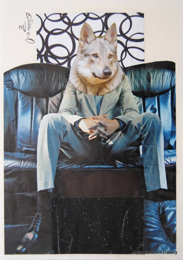Collage “Edgar” di Elisa Biagiotti, testa di cane su corpo umano, collage analogico, riviste vintage, arte concettuale 2025