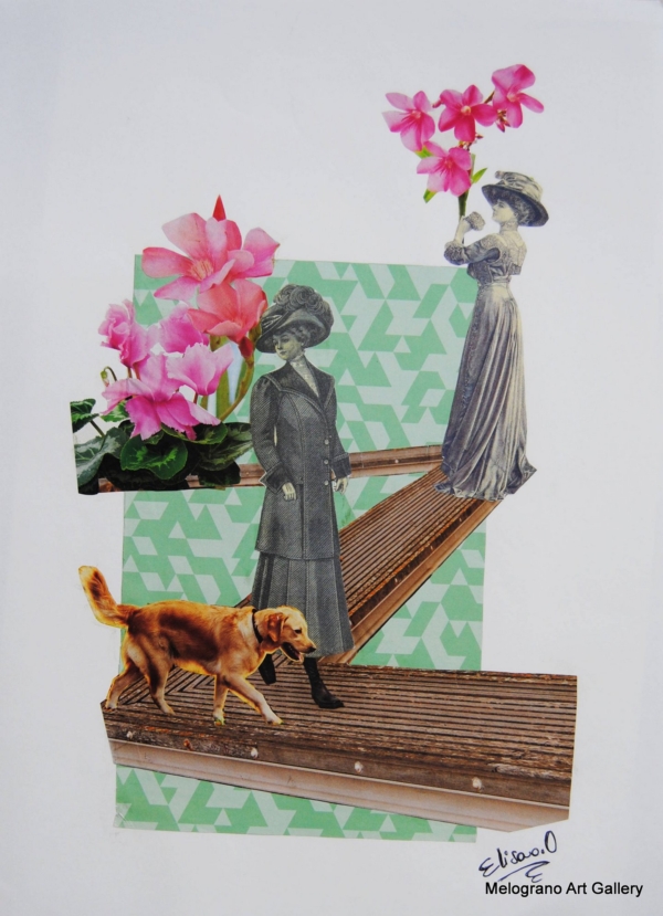 Collage “A passeggio” di Elisa Biagiotti, donna e cane tra fiori, collage analogico su riviste vintage, arte concettuale 2025