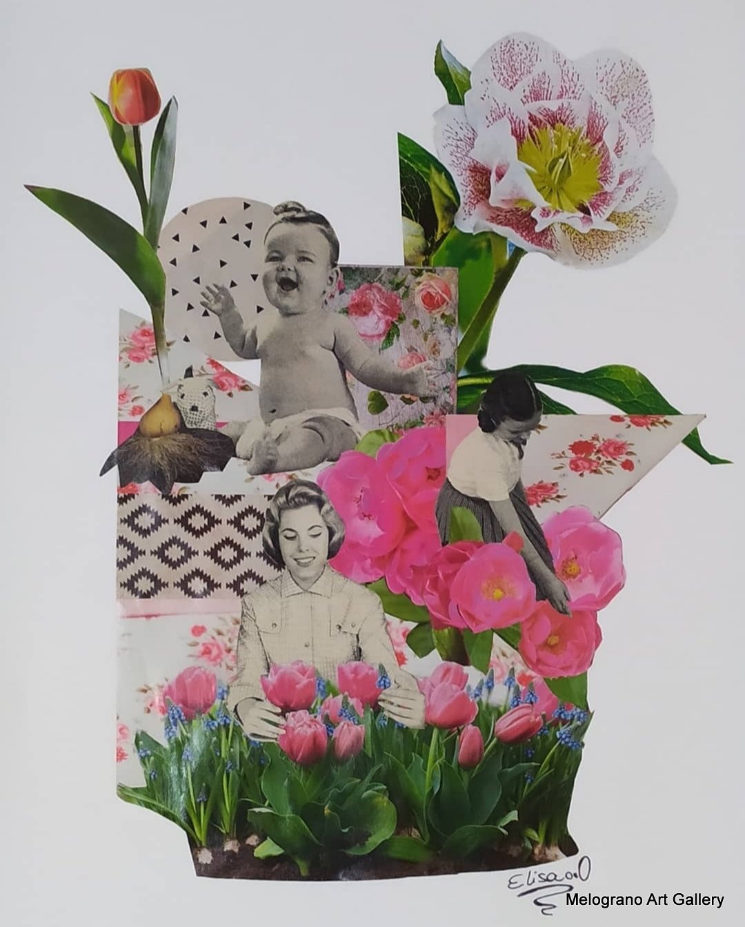 Collage “Growing” di Elisa Biagiotti, tulipano, bulbi e fiori, figure femminili, collage analogico, riviste vintage, narrazione poetica 2025