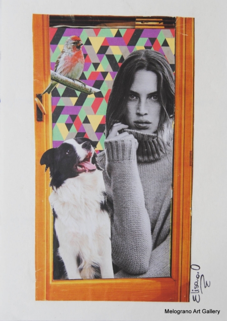 Collage “L’attesa” di Elisa Biagiotti, donna, cane e fiori, collage analogico su riviste vintage, arte concettuale 2025
