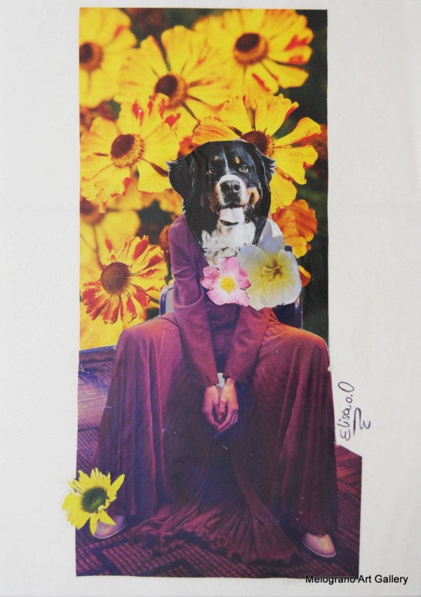 Collage “Milady” di Elisa Biagiotti, testa di cane su corpo umano, collage analogico, riviste vintage, arte concettuale 2025
