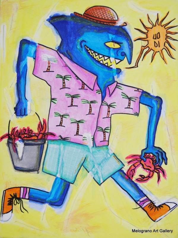 Figura blu dal ghigno mostruoso in camicia hawaiana rosa, che corre con un secchiello di granchi su sfondo giallo solare.