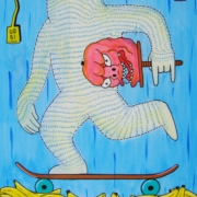 Emiliano Dalle Piagge Uodi Opus 21 24 Figura senza volto su uno skate che attraversa un percorso di banane gialle, opera “Opus tra spilli, banane e skate” di Uodi.