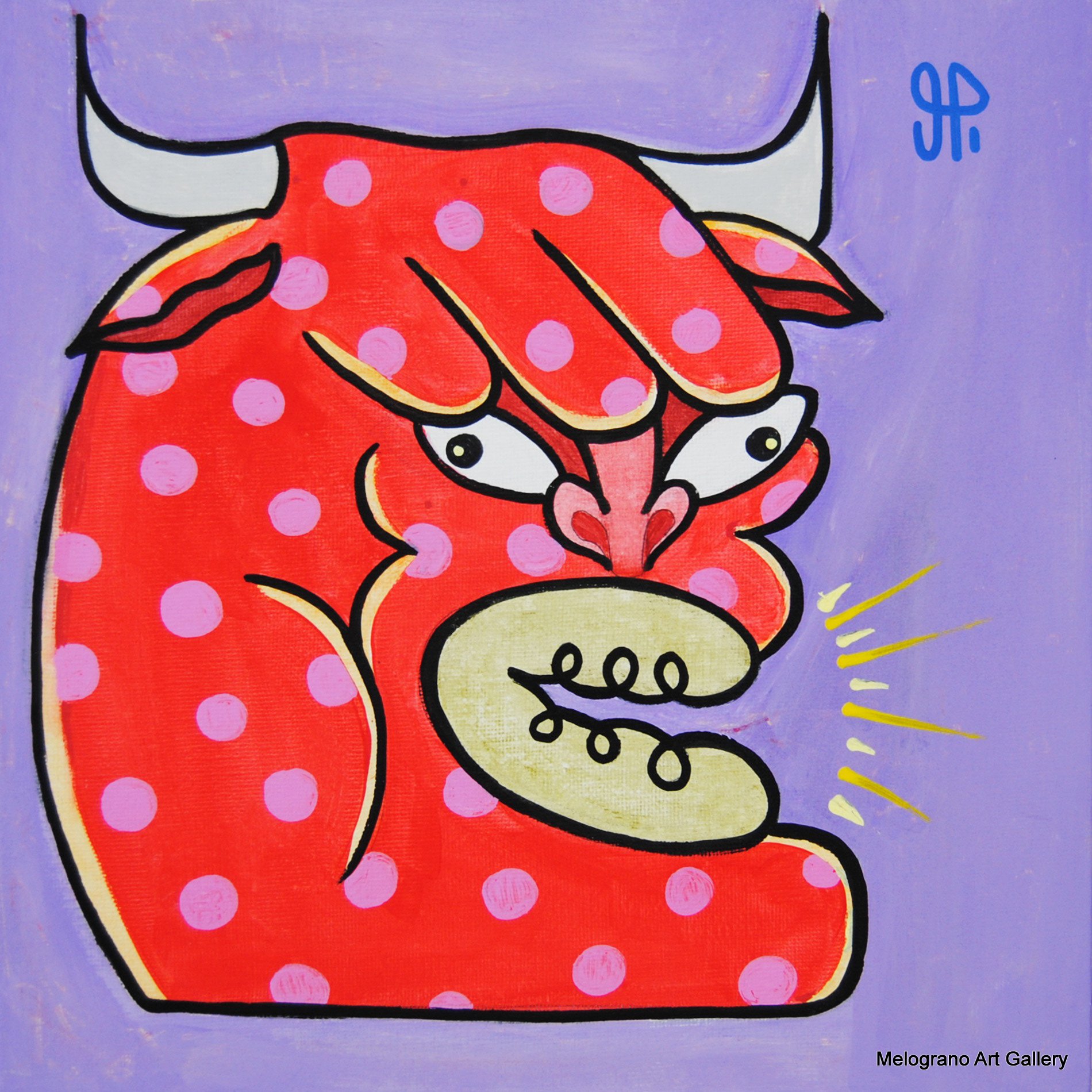 Toro rosso e blu con sguardo feroce su sfondo acceso, figura grottesca e dinamica nello stile pop-surrealista di Emiliano Dalle Piagge Uodi.