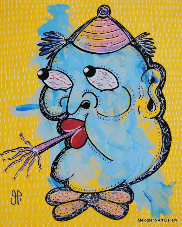 Ritratto pop-surrealista di un uomo a una festa di compleanno, con cappello buffo, occhi arrossati e oggetto surreale tra le labbra.