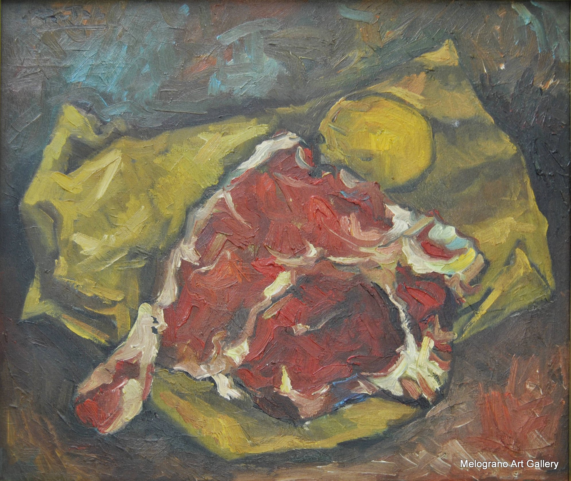 Dipinto di Ernesto Portas con una bistecca su carta da macellaio, realismo materico e luce calda